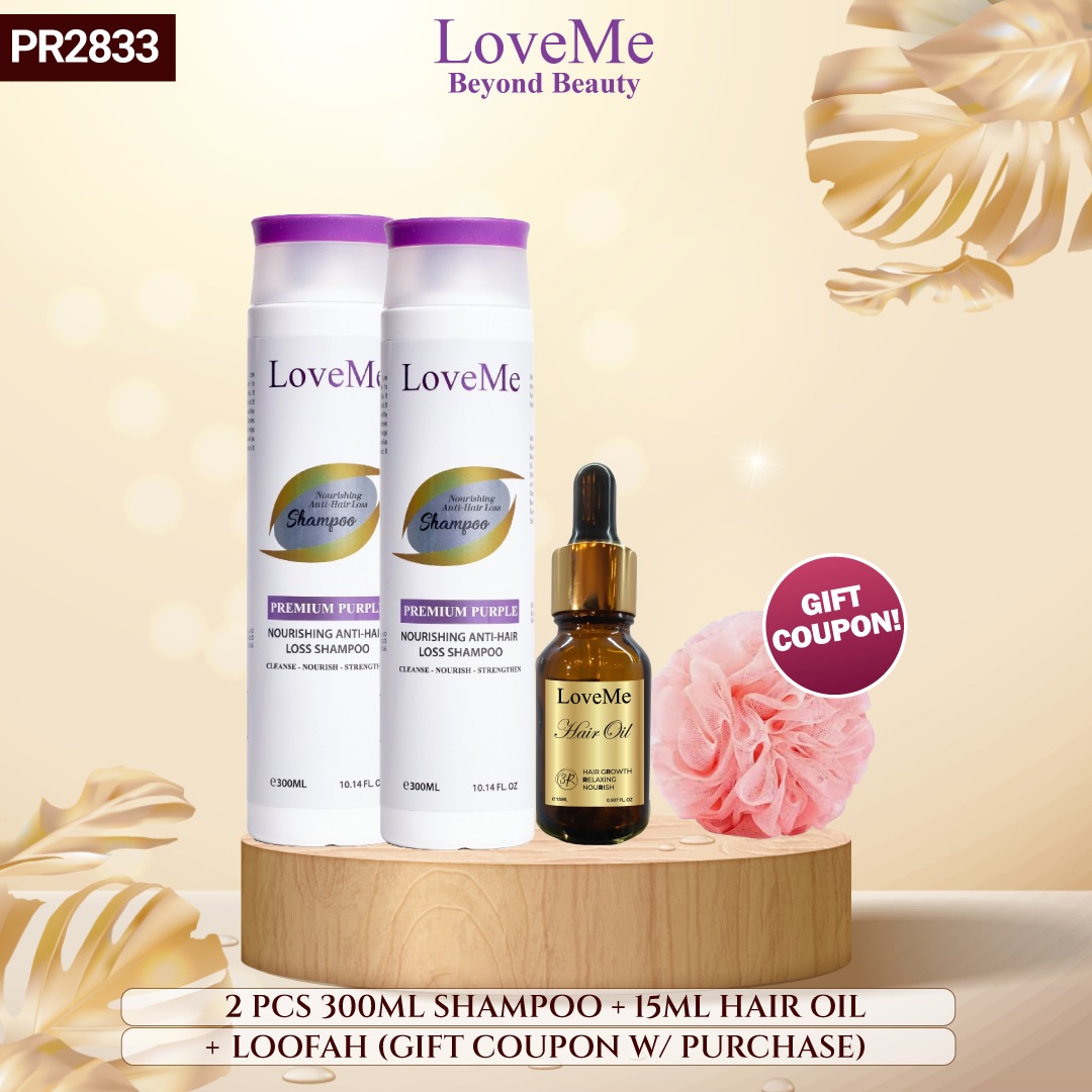COMBO (2)- 2PCS SHAMPOO+15ML HAIR OIL+LOOFAH (GIFT WITH COPON)